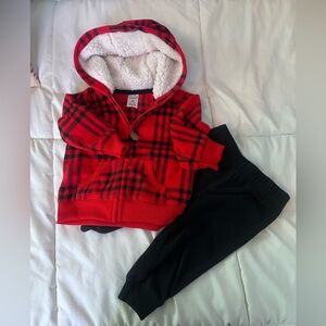 Carters Fleece Red Plaid Hoodie and Black Pants Set